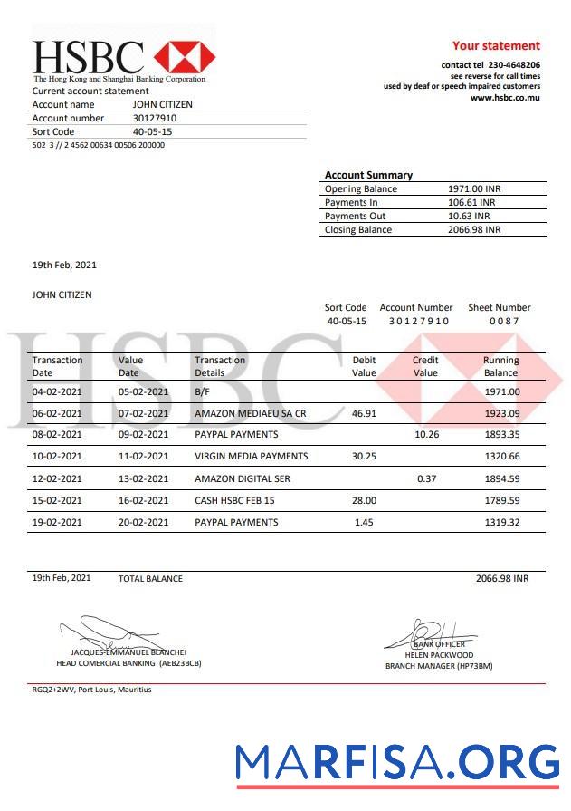 Printable Mauritius HSBC bank statement word real example